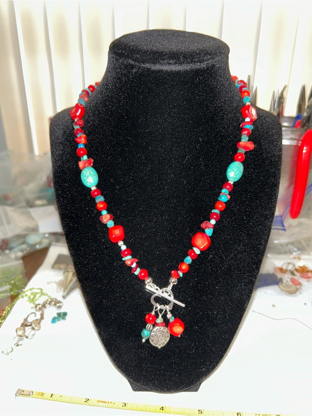 Handmade Coral and Turquoise Beaded Toggle Necklace